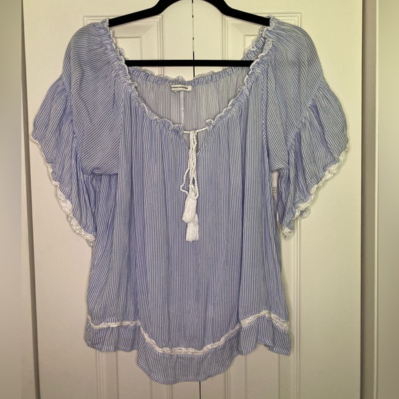 American Eagle Outfitters Tops - Blue and White Striped Off the Shoulder Flowy Shirt